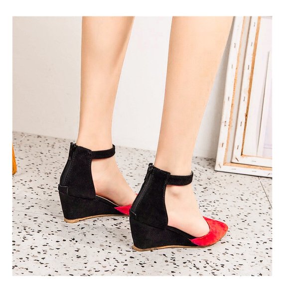 Kick Ass Red & Black Microsuede Ankle Strap Wedges NWT SZ 6.5 - Picture 9 of 16